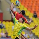 Australia's Sean McMahon competes for a lineout with Spain's Javier Canosa 