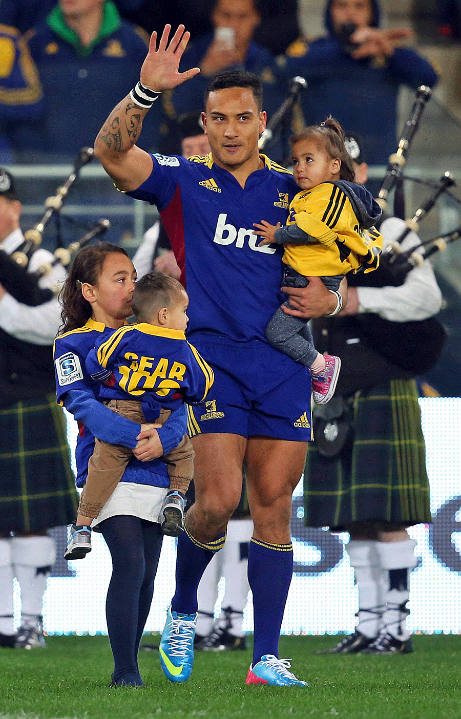 The Highlanders' Hosea Gear walks out for his 100th Super Rugby game