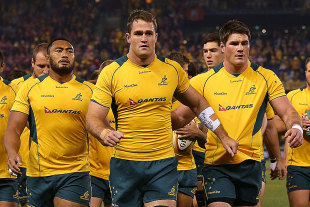 James Horwill leads the Wallabies from the field after warming up, Australia v British & Irish Lions, second Test, Tom Richards Cup, Etihad Stadium, Melbourne, June 29, 2013