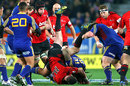 The Highlanders' Ma'a Nonu top-tackles the Crusaders' Tom Marshall,