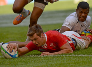 Wales' Alex Webber stretches out to score in the win over Fiji, Wales v Fiji, Rugby World Cup Sevens, Moscow, June 29, 2013