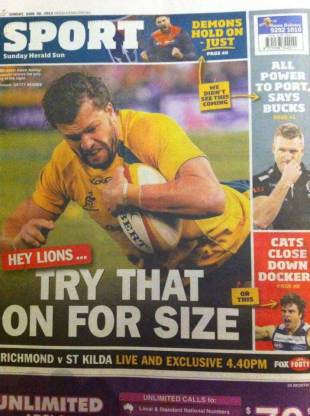 The cover of the sport section in the Sunday Herald Sun, June 30, 2013