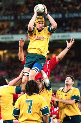 Australia's Justin Harrison plucks the match-winning lineout, Australia v British & Irish Lions, Stadium Australia, July 14, 2001