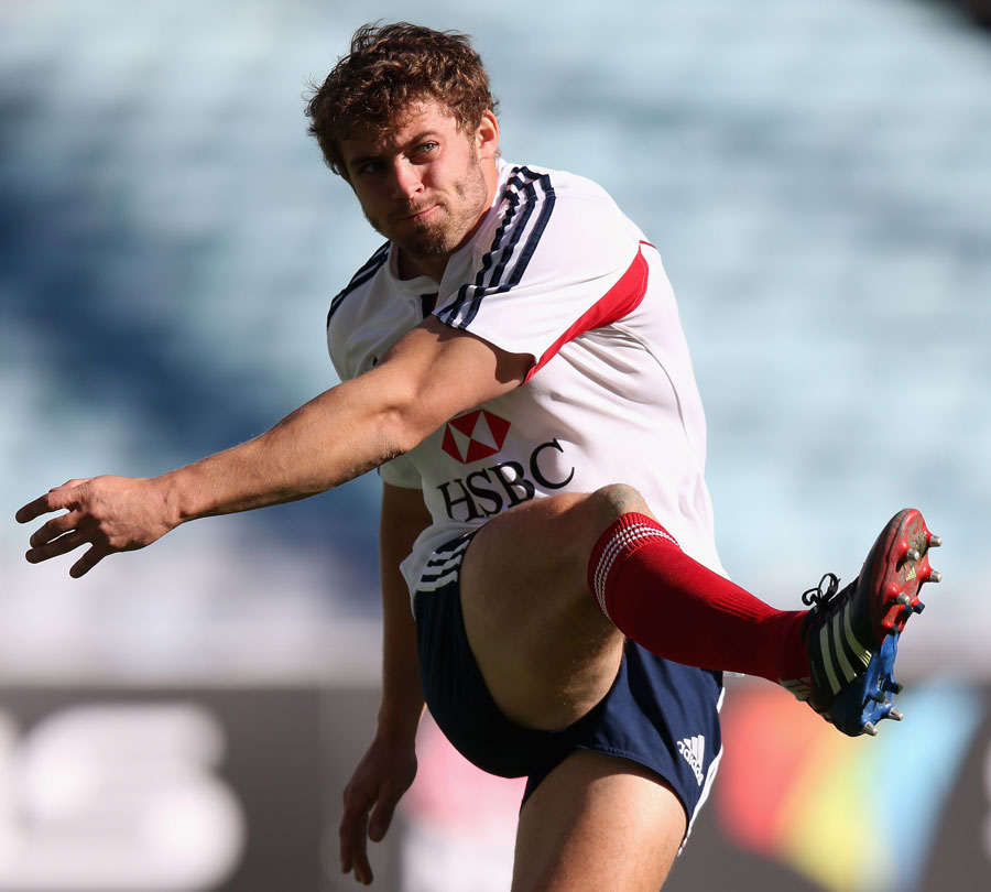 Lions fullback Leigh Halfpenny slots a kick in training