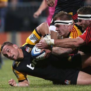 Chiefs' fly-half Aaron Cruden stretches for the try-line, Crusaders v Chiefs, Super Rugby, Rugby League Park, Christchurch, July 5, 2013