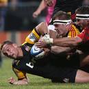 Chiefs' fly-half Aaron Cruden stretches for the try-line