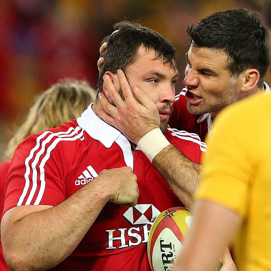 Lions prop Alex Corbisiero is congratulated after scoring a try