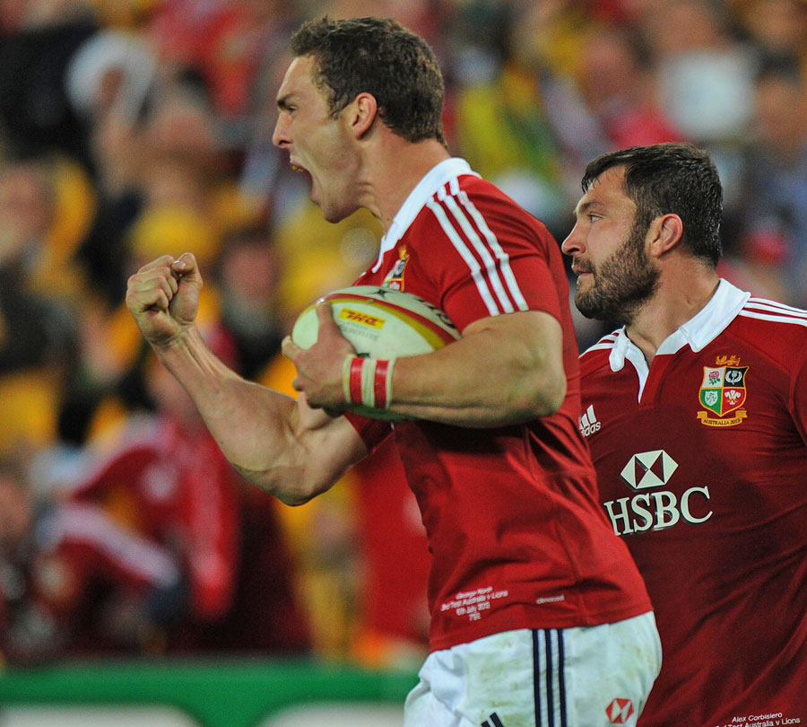 Lions winger George North celebrates another score