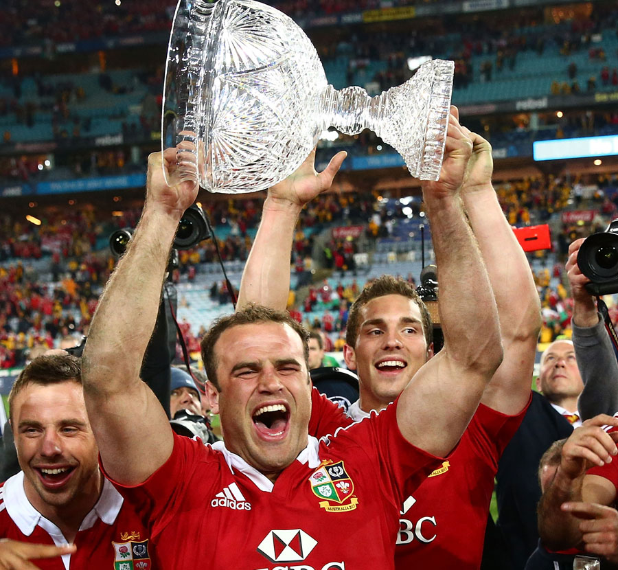 Lions Jamie Roberts, Tommy Bowe and George North lift the Tom Richards Cup