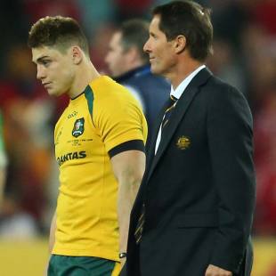 Robbie Deans (r) and James O'Connor after losing the third Test against the Lions, Australia v British & Irish Lions, ANZ Stadium, Sydney, July 6, 2013 