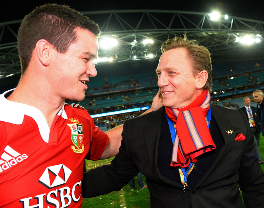 Lions fly-half Jonny Sexton is congratulated by actor Daniel Craig