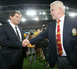 Australia coach Robbie Deans congratulates Lions boss Warren Gatland, Australia v British & Irish Lions, ANZ Stadium, Sydney, July 6, 2013