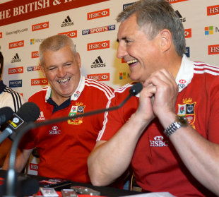 Lions coach Warren Gatland shares a joke with tour manager Andy Irvine, British & Irish Lions press conference, Sydney, July 7, 2013