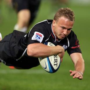The Sharks' Fred Zeilinga crosses for a try, Sharks v Southern Kings, Super Rugby, Kings Park, Durban, July 13, 2013