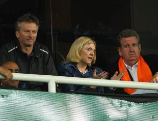 Kerry Chikarovski has been appointed to the board of the New South Wales Rugby Union. The former NSW politician, pictured here with former Australia cricket captain Steve Waugh and NSW Premier Barry O'Farrell at an NRL match in 2011, is a regular on the Sydney sporting scene, April 8, 2011