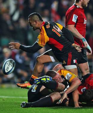 The Chiefs' Lelia Masaga celebrates his try against the Crusaders, Chiefs v Crusaders, Super Rugby, Super Rugby semi-final, Waikato Stadium, Hamilton, July 27, 2013