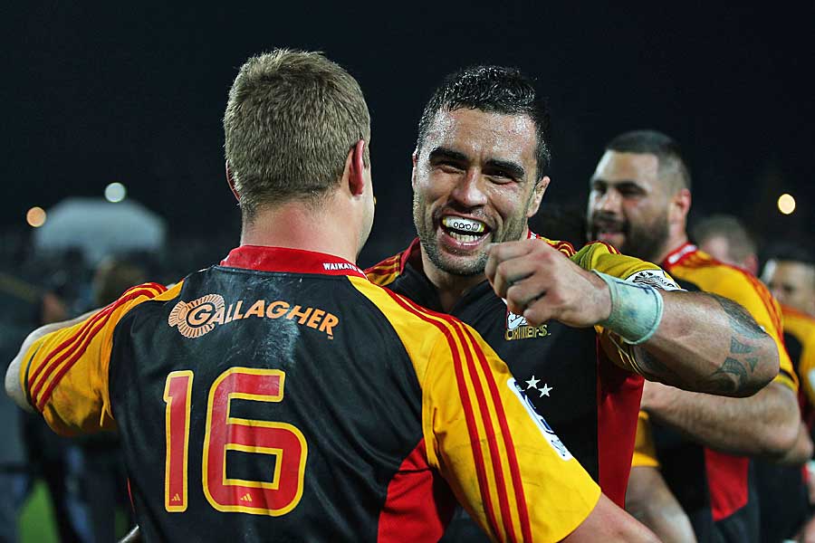 The Chiefs' Liam Messam and Rhys Marshall celebrate after defeating the Crusaders