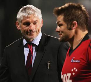 Crusaders coach Todd Blackadder stands alongside Richie McCaw, Crusaders v Reds, Super Rugby, AMI Park, Christchurch, New Zealand, July 20, 2013 