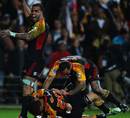 The Chiefs' Liam Messam celebrates Robbie Robinson's try