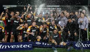 Champagne is sprayed as the Chiefs revel in their back-to-back title feat, Chiefs v Brumbies, Super Rugby, Super Rugby final, Waikato Stadium, Hamilton, August 3, 2013