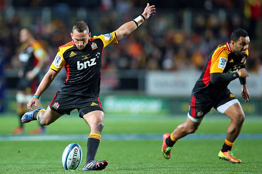 The Chiefs' Aaron Cruden kicks for goal against the Brumbies