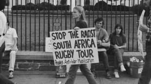 A protester makes her views clear over South Africa's tour, Washington DC, September 1, 1981