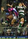 Harlequins' Tom Williams and Leicester's Toby Flood compete for a high ball