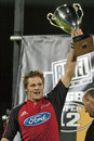 Crusaders captain Richie McCaw lifts the Super 12 silverware