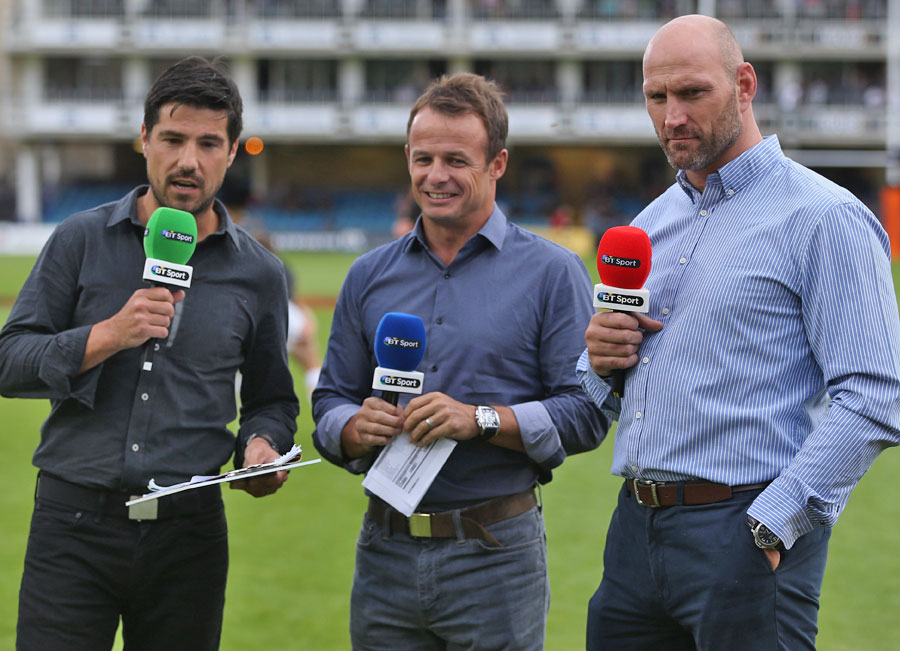BT Sport rugby presenter Craig Doyle and analysts Austin Healey and Lawrence Dallaglio
