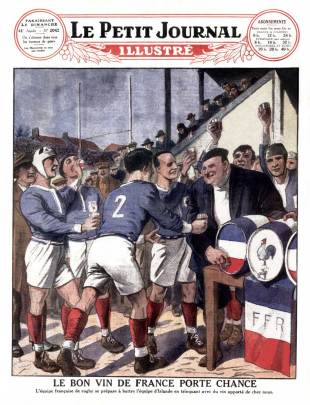 The frontcover of 'Petit Journal' pokes fun at France's preparations for the match against Ireland, February 9, 1930
