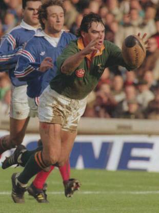 Springbok Danie Gerber crosses the line, France v South Africa, Stade Gerland, Lyon, October 17, 1992
