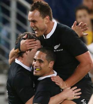 New Zealand's Israel Dagg congratulates Ben Smith on his try, Australia v New Zealand, Rugby Championship, ANZ Stadium, Sydney, August 17, 2013
