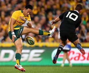 Aaron Cruden charges down Christian Leali'ifano's clearance kick, Australia v New Zealand, Rugby Championship, ANZ Stadium, Sydney, August 17, 2013