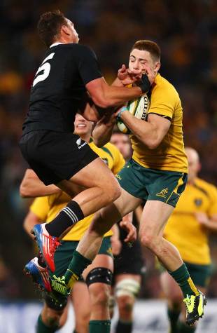 New Zealand's Israel Dagg vies for the high ball with James O'Connor, Australia v New Zealand, Rugby Championship, ANZ Stadium, Sydney, August 17, 2013