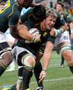South Africa's Duane Vermeulen is congratulated on his try