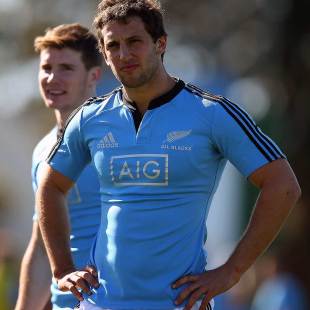 Tom Taylor and Colin Slade at an All Blacks training session, Lower Hutt Recreation Ground, Wellington, on August 20, 2013