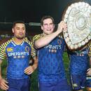 Fa'asiu Fuatai (L) and Craig Millar of Otago celebrate with the Ranfurly Shield
