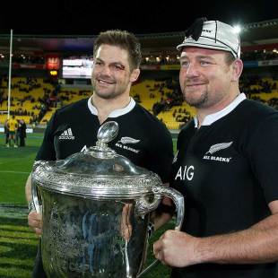 New Zealand's Richie McCaw and Tony Woodcock hold the Bledisloe Cup, New Zealand v Australia, Bledisloe Cup, The Rugby Championship, Westpac Stadium, Wellington, August 24, 2013