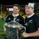 New Zealand's Richie McCaw and Tony Woodcock hold the Bledisloe Cup