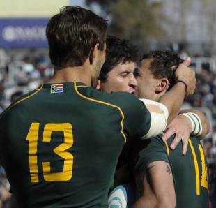 South Africa celebrate Bjorn Basson's try, Argentina v South Africa, Rugby Championship, Mendoza, Argentina, August 24, 2013