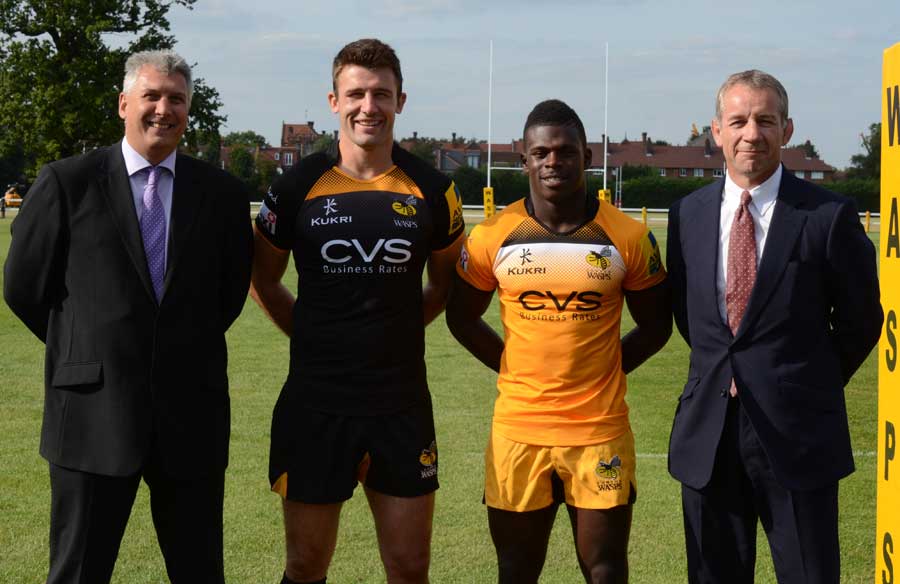 Chris Bell stands alongside Christian Wade as Wasps unveil their kit for the 2013-14 campaign
