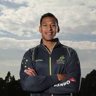 Israel Folau poses during a press conference to announce his decision to remain in rugby union, Fairfield High School, Sydney, August 29, 2013