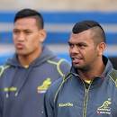 Australia's Israel Folau and Kurtley Beale look during a Wallabies training session