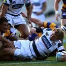 Auckland's Hadleigh Parkes stretches over for a try