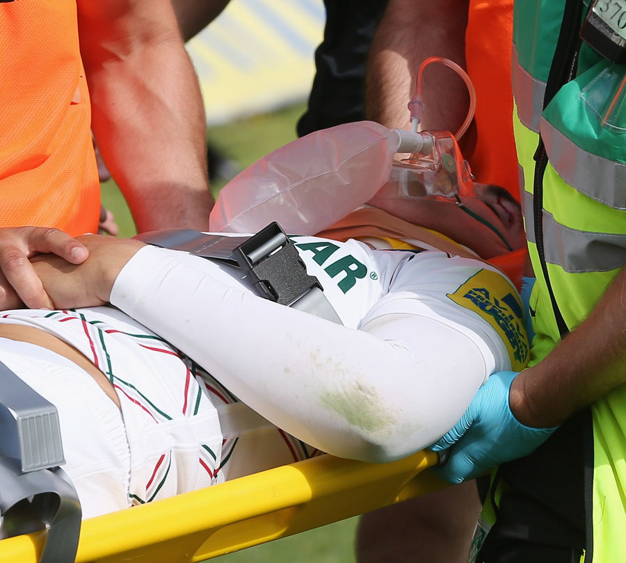 Leicester fly-half Toby Flood is stretchered from the field