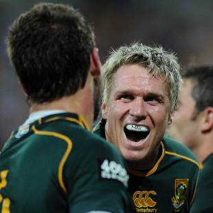 South Africa's Jean de Villers celebrates a try by Willie Le Roux, Australia v Springboks, The Rugby Championship, Mandela Challenge Plate, Suncorp Stadium, Brisbane, September 7, 2013 