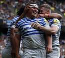Saracens' Jamie George is congratulated on his try
