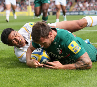 Try time for Leicester's Adam Thompstone, Leicester Tigers v Worcester Warriors, Aviva Premiership, Welford Road, Leicester, September 8, 2013