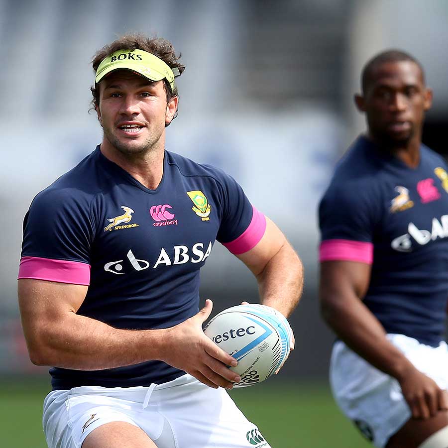 South Africa's Bismarck du Plessis warms up during a captain's run