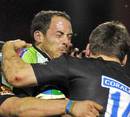 Montauban's Sylvain Jonnet is tackled by Mark Cueto of Sale